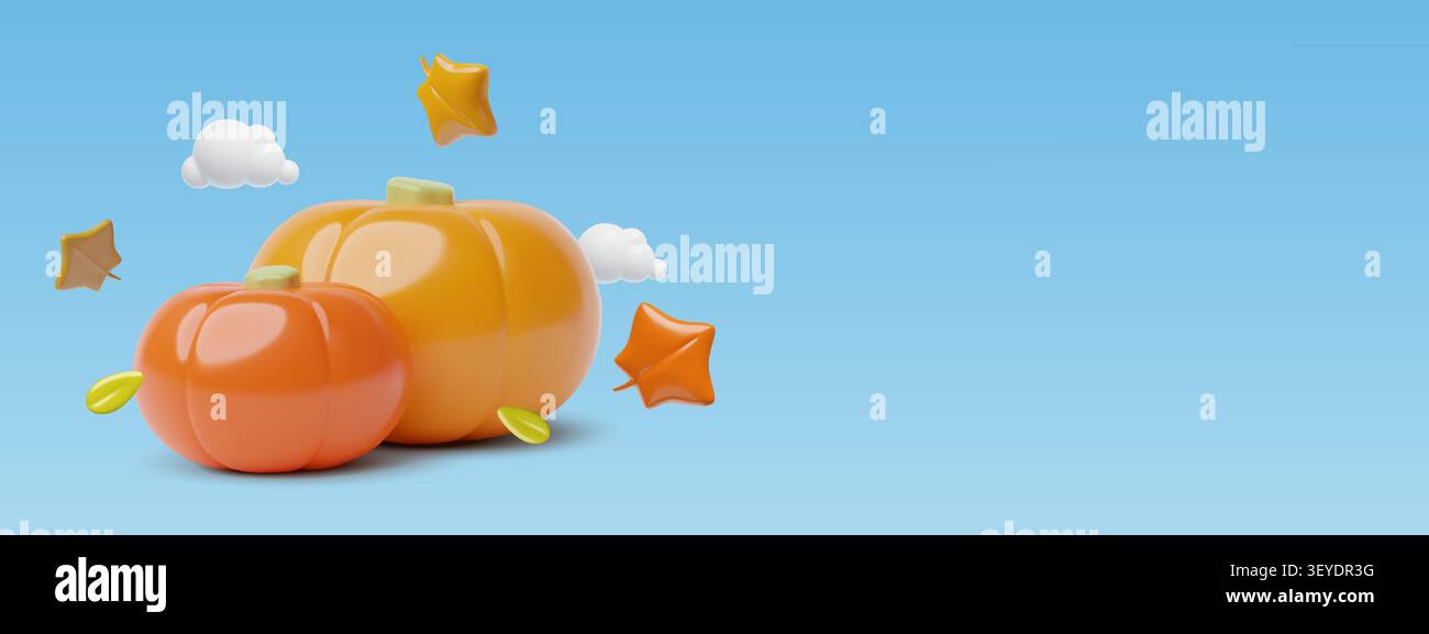 Citrouilles d'automne et feuilles 3d fond réaliste sur ciel bleu pour Thanksgiving et festival de récolte Illustration de Vecteur