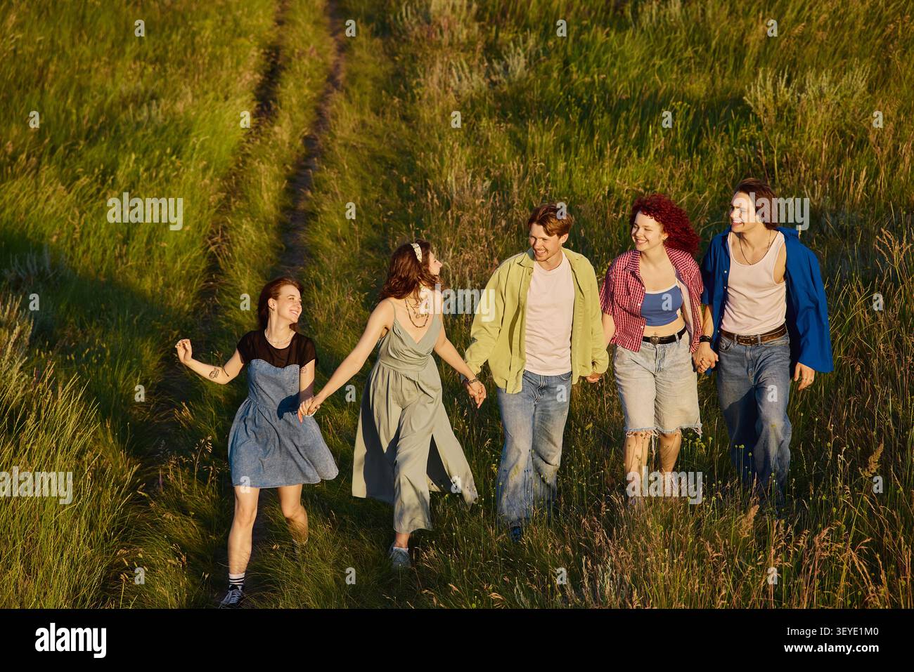 Amis se tenant la main tout en marchant dans les hautes herbes au coucher du soleil. Banque D'Images