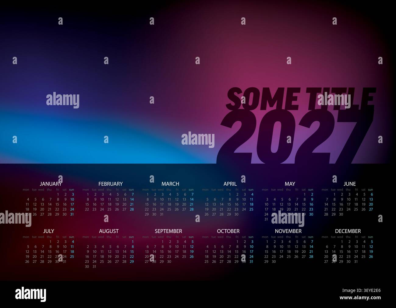 Calendrier annuel 2027 avec un fond abstrait sombre avec des couleurs fluo dégradées vibrantes. Cette disposition de calendrier 2027 est parfaite pour la planification et le mod Illustration de Vecteur