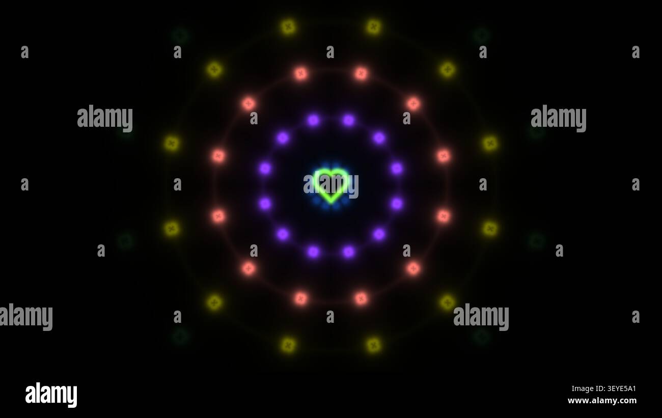 Cette conception présente un cœur vibrant entouré de cercles concentriques de lumière de différentes couleurs. La toile de fond est noire, améliorant les formes colorées Banque D'Images