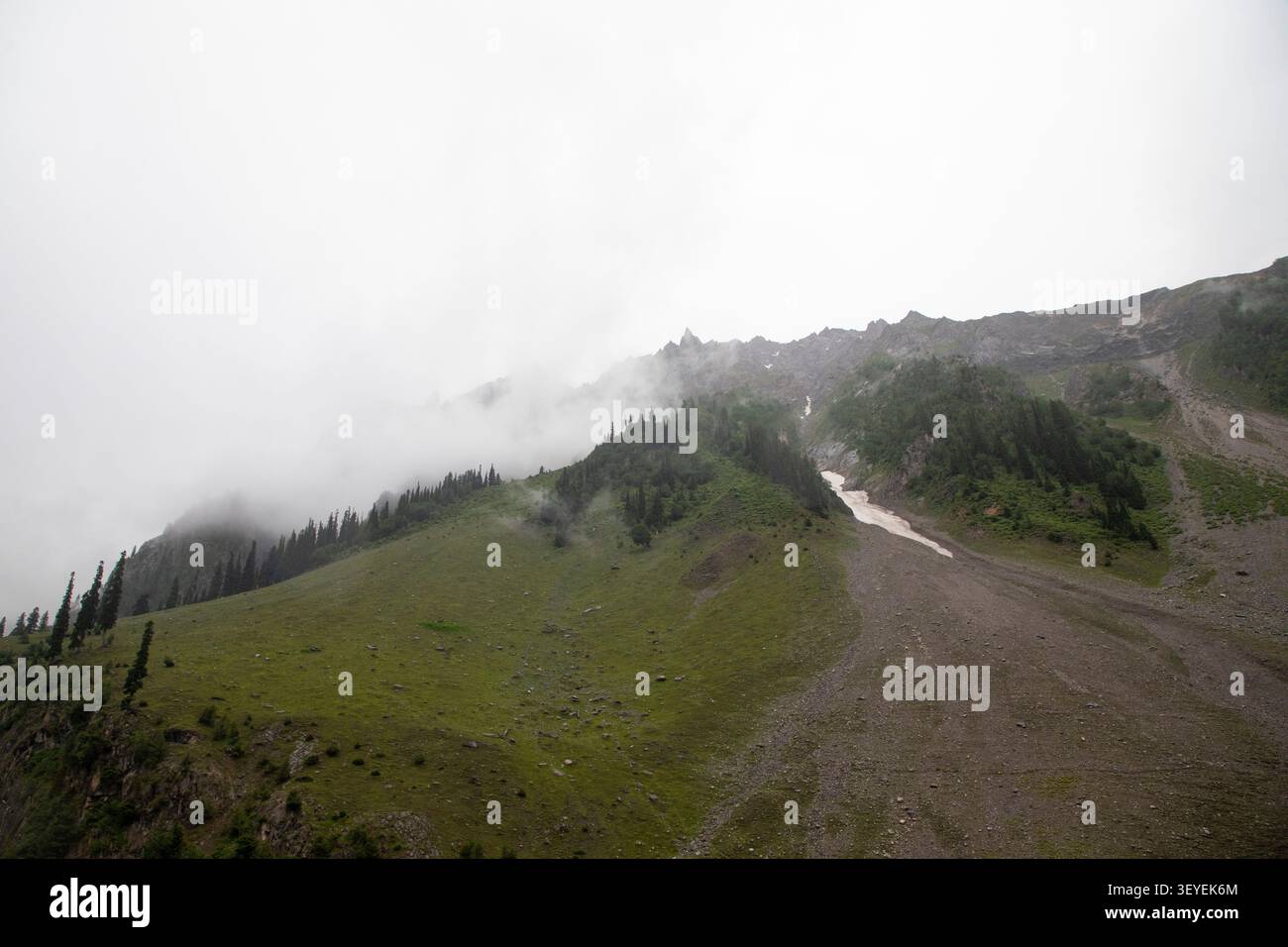 3 juillet 2026, Baltal Sonamarg, Jammu-et-Cachemire, Inde : une vue générale des montagnes avec des taches de neige clairsemées à Baltal, à environ 100 km (62 miles) à l'est de Srinagar, Cachemire administré par l'Inde. Les glaciers du Cachemire se rétrécissent à un rythme alarmant, des études indiquant que beaucoup ont perdu entre 25 et 30 pour cent de leur glace au cours des dernières décennies alors que le réchauffement climatique entraîne la hausse des températures dans l'Himalaya. Le glacier Thajiwas à Sonamarg, l'une des attractions touristiques les plus connues du Cachemire, est l'un des plus gravement touchés. Une étude récente menée par des chercheurs de l'Université de Kash Banque D'Images