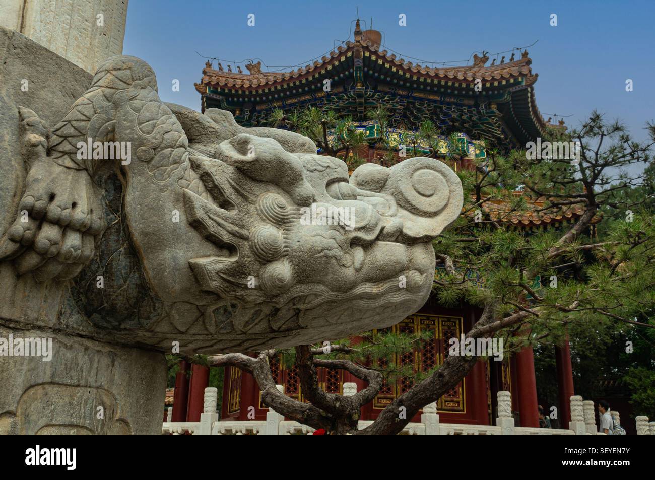 Une sculpture de dragon en pierre se dresse devant un pavillon chinois traditionnel dans le parc de Jingshan près de la Cité interdite. Banque D'Images