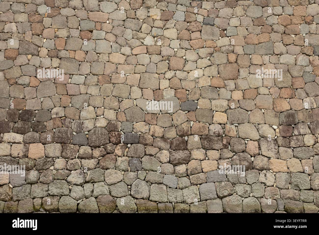 mur de pierre texturé, fond avec des nuances de beige à brun, pierres rondes et rugueuses dans un mur sans joint Banque D'Images