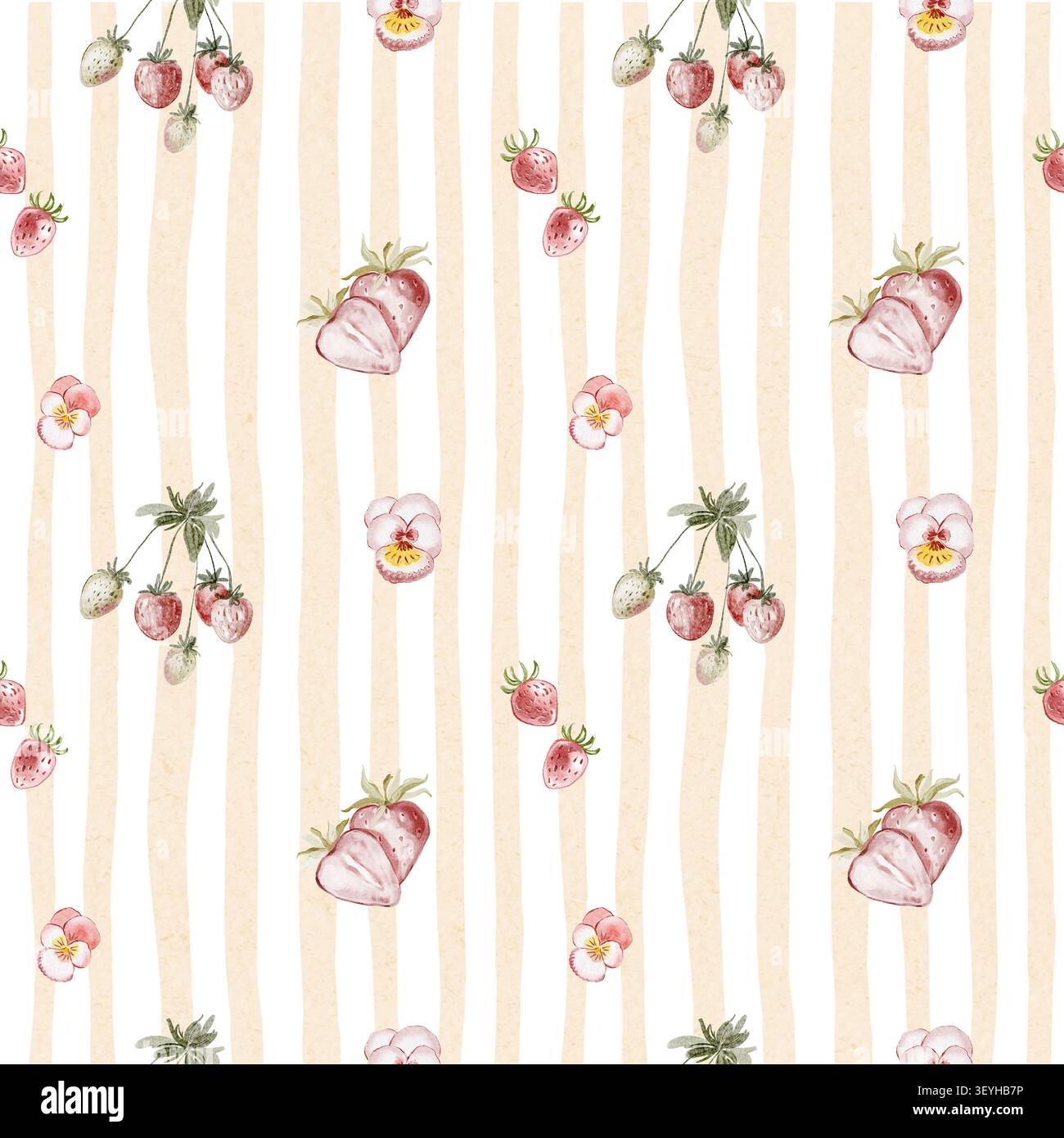 Modèle sans couture avec des fraises, des baies sauvages et des fleurs violettes sur fond rayé. Aquarelle peinte à la main floral, design de fruits avec un an jaune Banque D'Images