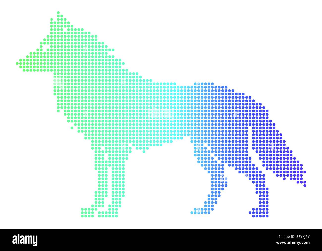 Une silhouette de loup stylisée composée d'une grille de petits points colorés avec une transition en dégradé lisse des teintes de turquoise clair aux tons violets profonds Illustration de Vecteur