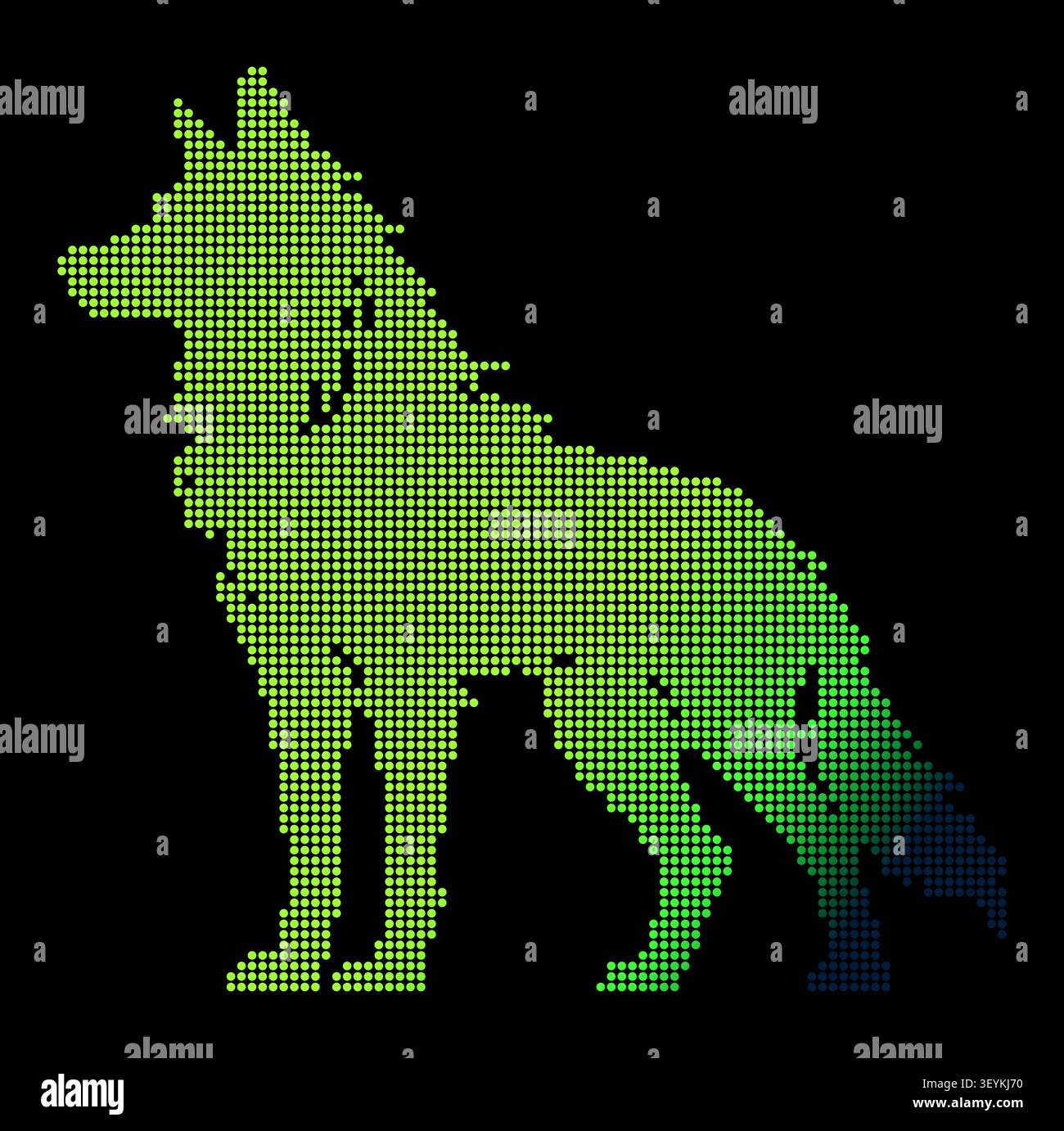 Silhouette de loup stylisée composée d'un motif matriciel dégradé, passant du vert citron vif au sarcelle profond sur fond noir Illustration de Vecteur