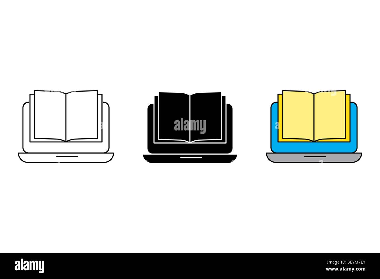 L'objet de livre numérique pour ordinateur portable dispose d'un ensemble vectoriel coloré. Visualise le projet d'apprentissage en ligne de la bibliothèque scolaire moderne de l'éducation. spe 10 Illustration de Vecteur