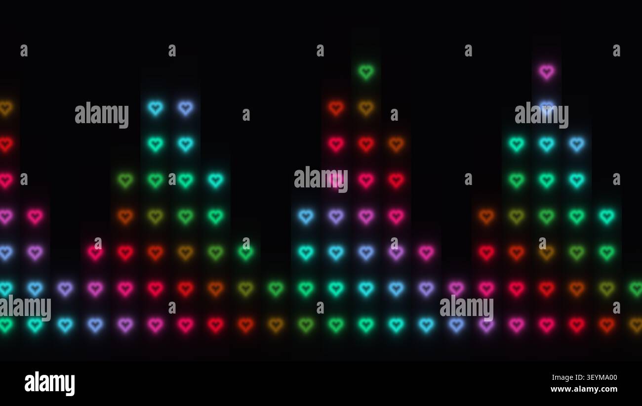 Les formes de cœur lumineux sont disposées selon un motif, brillantes dans différentes couleurs néon. L'arrière-plan est noir, soulignant les teintes et les formes vibrantes, creat Banque D'Images