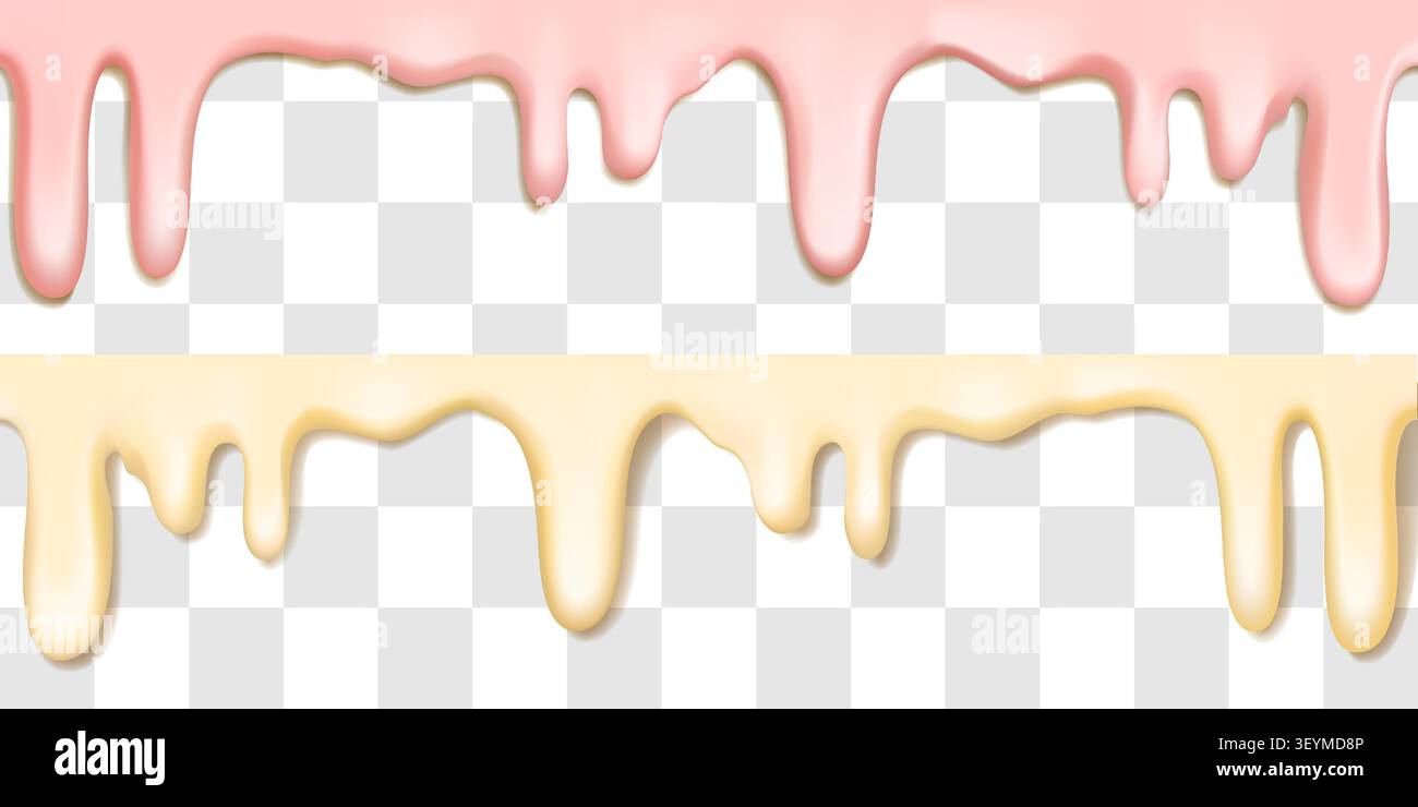 Glaçage rose dégoulinant, slime volumineux au beurre. Texture blanche liquide de yaourt laiteux, éclaboussure réaliste. Goutte de sirop de chocolat avec bord ondulé sur Illustration de Vecteur