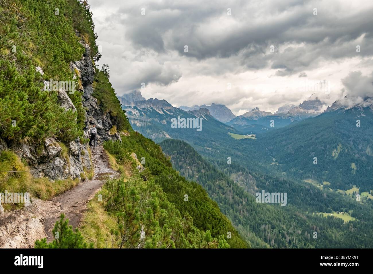 Vue aérienne du sentier de randonnée au Lago di Sorapis dans les Dolomites italiennes Banque D'Images