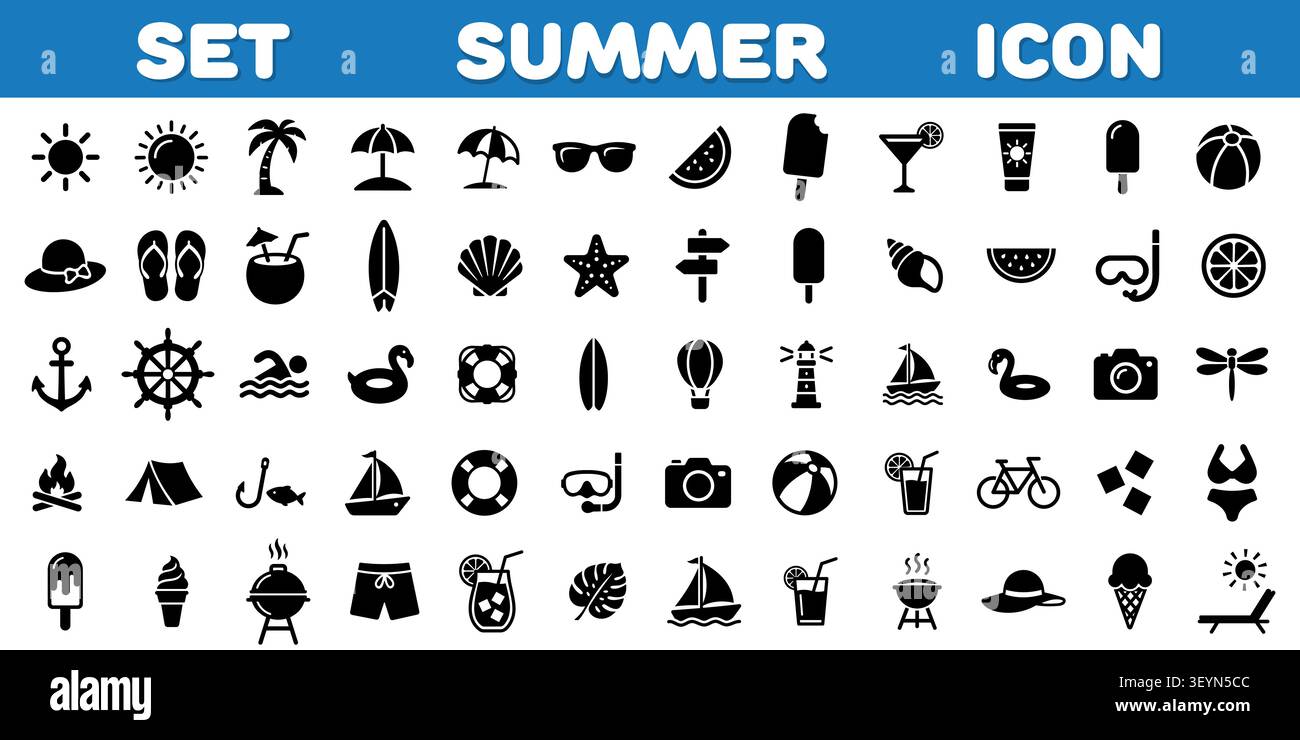 Jeu d'icônes de vacances d'été. Icônes de ligne de plage, éléments de voyage, plantes tropicales, fruits de mer et vecteur de silhouettes de cocktails Illustration de Vecteur
