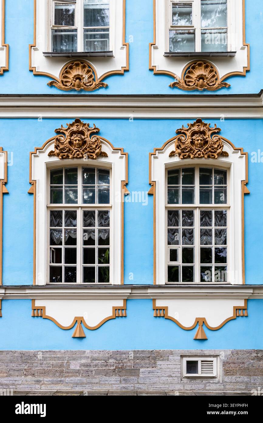 Pouchkine, Russie - 24 juin 2026 : fenêtres du palais Catherine dans la ville de Pouchkine (Tsarskoïe Selo) le jour d'été Banque D'Images
