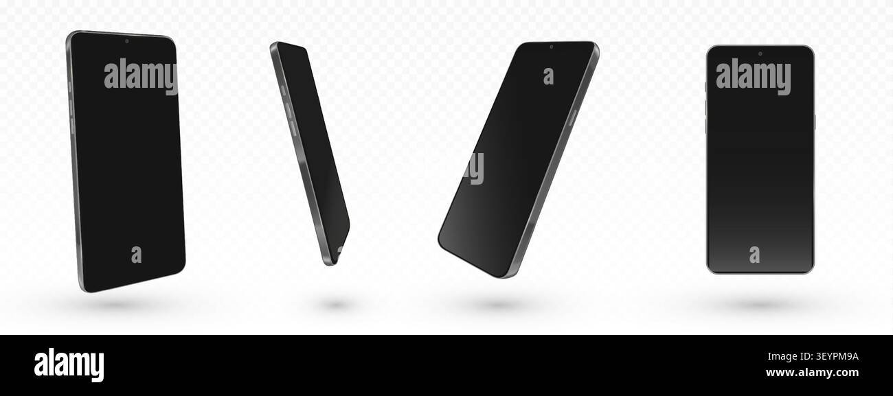 maquette de smartphone moderne 3d avec écran noir, modèles réalistes vectoriels isolés sur fond transparent. Ensemble d'appareils dans différents angles de vue pour la présentation de l'application mobile, la conception de l'interface utilisateur Illustration de Vecteur