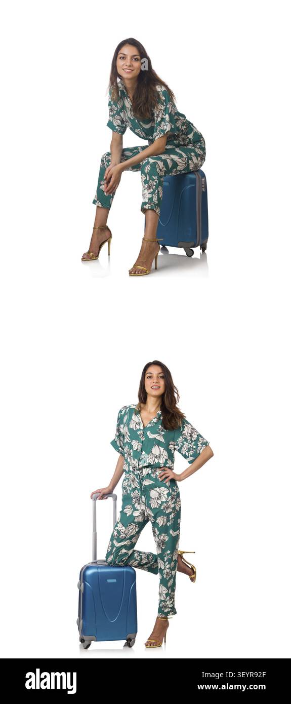 Femme avec suitacases la préparation pour les vacances d'été Banque D'Images