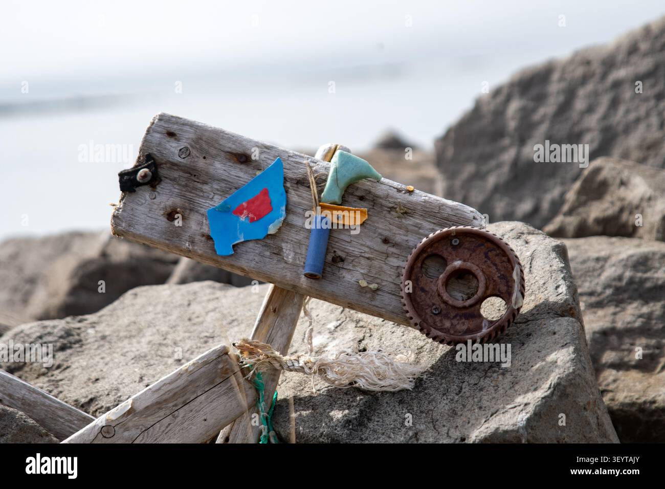 Un morceau de bois flotté avec du plastique et une roue dentée en fer vissée dessus. Banque D'Images