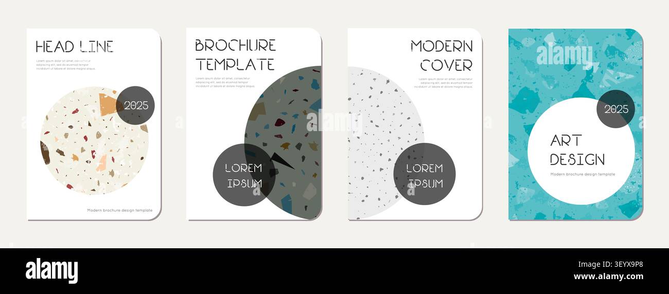 Conception de couverture de brochure. Terrazzo fond abstrait fait de pierres naturelles, granit, quartz et marbre. Modèle de brochure de texture terrazzo vénitien. Banque D'Images