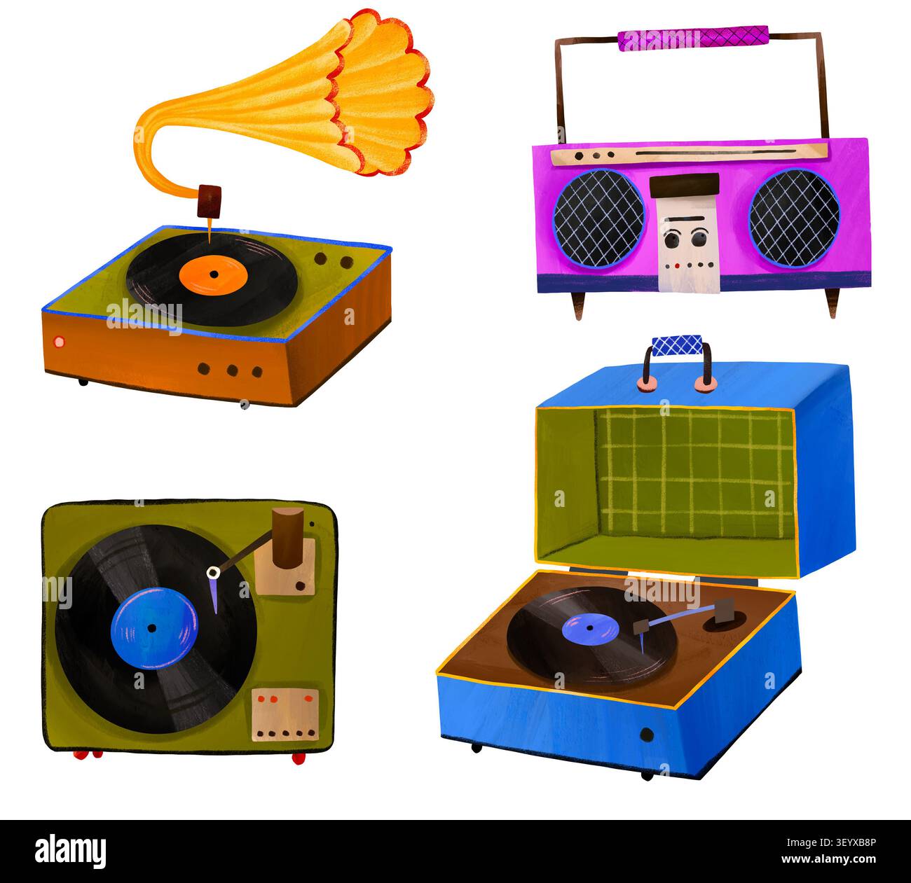 Kit de lecteur de musique vintage avec quatre périphériques audio uniques éléments de lecteur de disque de style années 80 pour une invitation rétro à la fête et des actifs de conception Banque D'Images