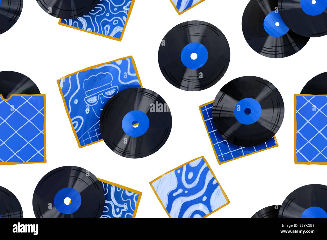 Modèle sans couture avec disques vinyles rétro et couvertures bleues mettant en vedette un gars cool dans des lunettes de soleil pour les fêtes d'anniversaire à thème des années 80 fête des pères et nostalgique n Banque D'Images