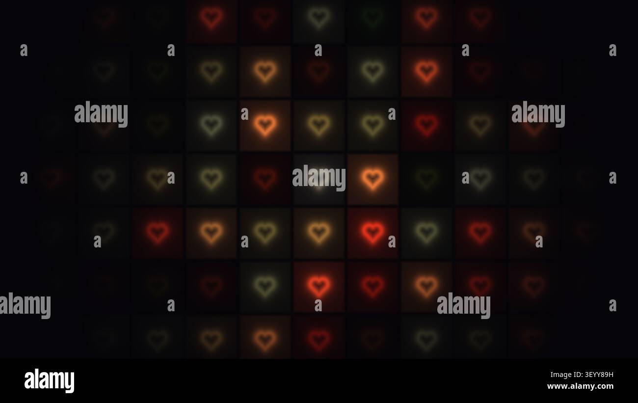 La disposition de plusieurs formes de coeur dans différentes couleurs crée un effet visuel vibrant sur un fond sombre. Cette conception convient à divers c Banque D'Images