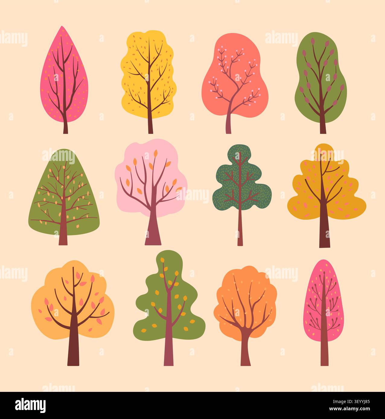 Arbres d'automne avec feuillage aux couleurs vives. Ensemble botanique de la saison d'automne. Grande collection de bois dessinés à la main simples avec différentes formes et couleurs. Modèle de forêt d'automne. Illustration vectorielle. Illustration de Vecteur