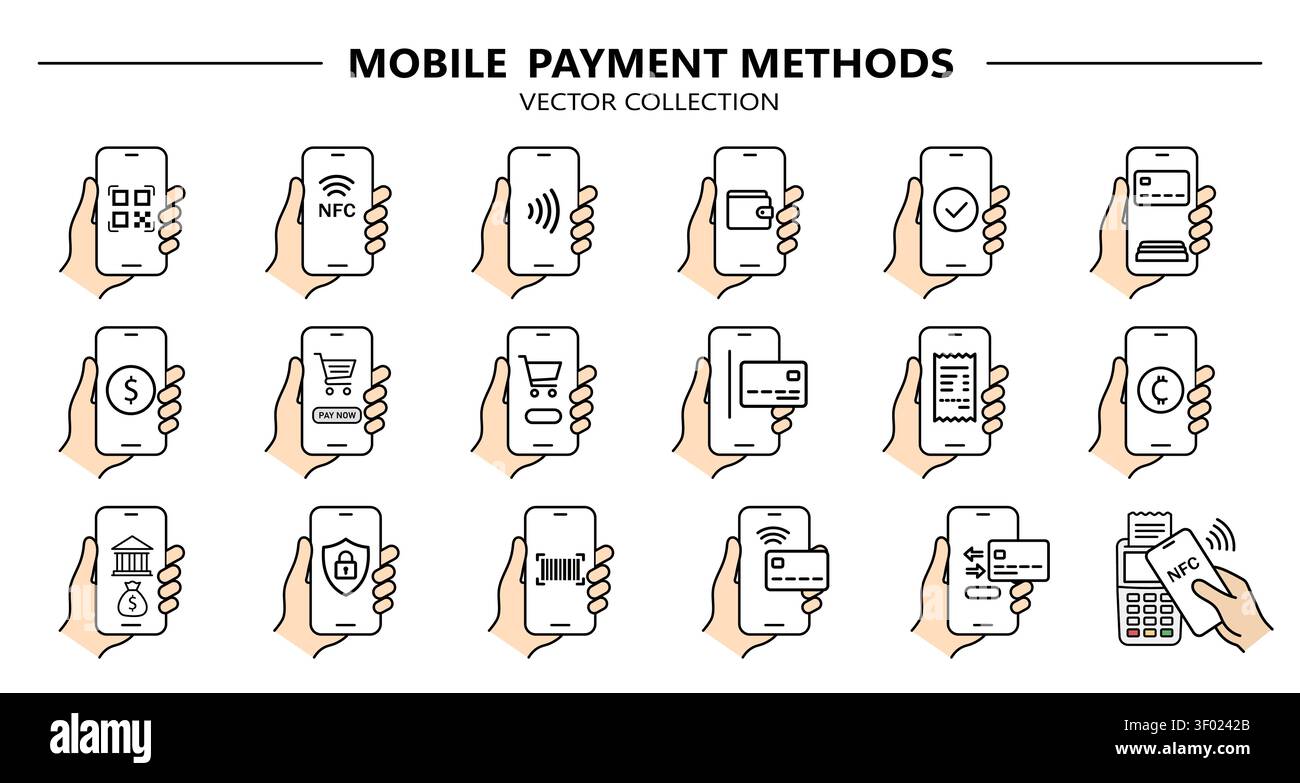 Collection d'icônes vectorielles linéaires représentant les méthodes de paiement mobiles modernes et les transactions numériques. Comprend la main tenant un smartphone avec NFC, QR Illustration de Vecteur