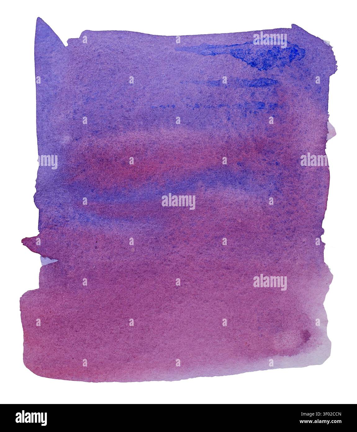 Teinture abstraite de lavage d'aquarelle violette, violette et bleue isolée sur fond blanc. Peinture aquarelle texturée gradient trait avec papier organique gra Banque D'Images