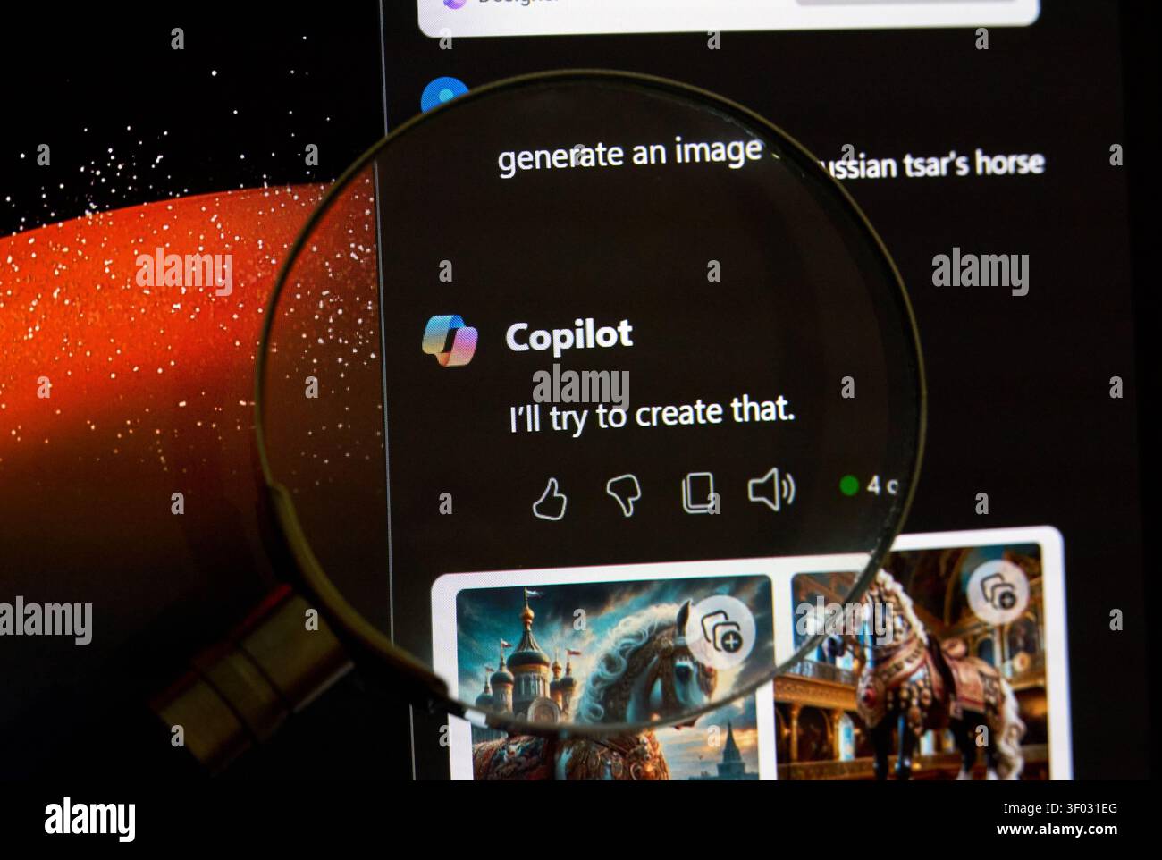 CARROLLTON, TX, États-Unis - 24 FÉVRIER 2024 : la loupe met en évidence un écran affichant l'interface CoPilot ai avec le logo et le texte de réponse. SC Banque D'Images