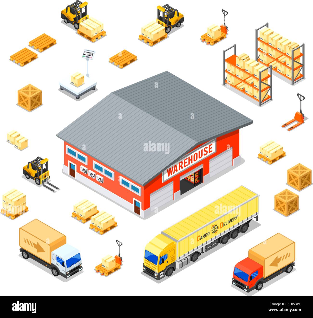 Icônes isométriques d'entrepôt, de stockage, de logistique et de livraison définies avec entrepôt, balances, camion, chariot élévateur. Illustration vectorielle isolée Illustration de Vecteur