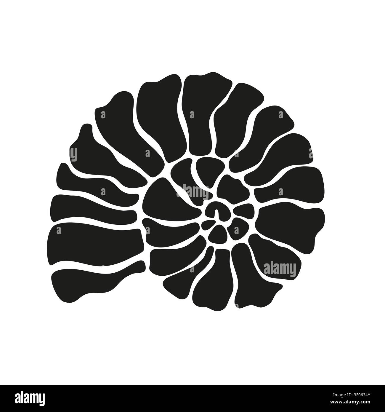 Icône de vecteur de silhouette noire de coquille fossile d'ammonite, ancien mollusque marin préhistorique isolé sur fond blanc Illustration de Vecteur