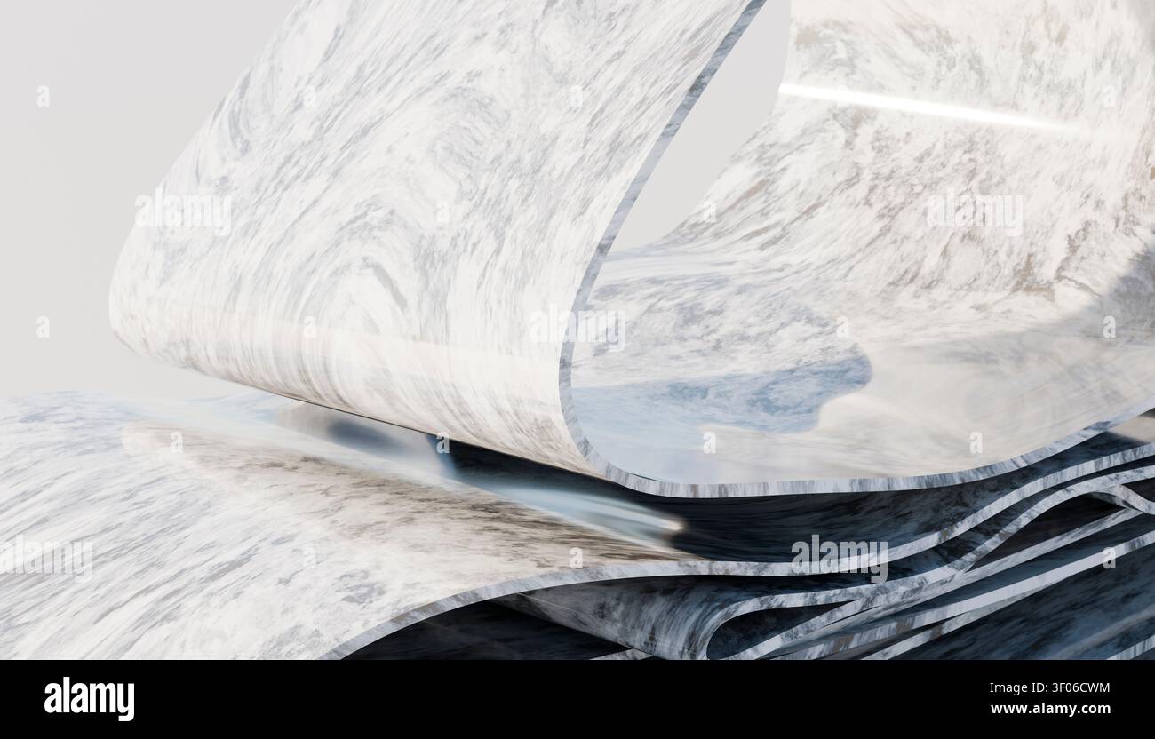 Scène abstraite en gros plan de feuilles de papier pliées et recourbées avec une texture de marbre douce dans les tons blancs et gris, un fond minimal, un design propre pour la marque Banque D'Images