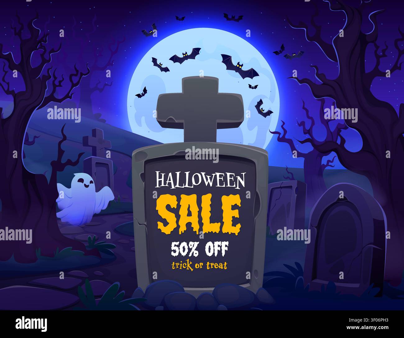 Cimetière abandonné, bannière de vente Happy Halloween Illustration de Vecteur