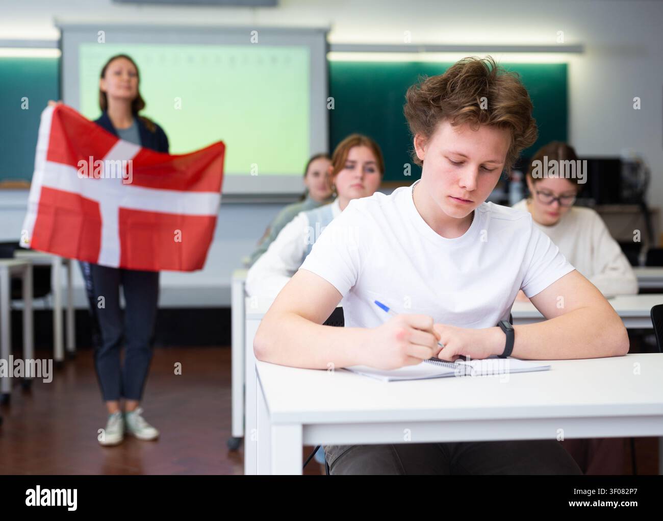 Un enseignant du secondaire parle aux élèves du Danemark et détient un drapeau du Danemark entre les mains. Banque D'Images