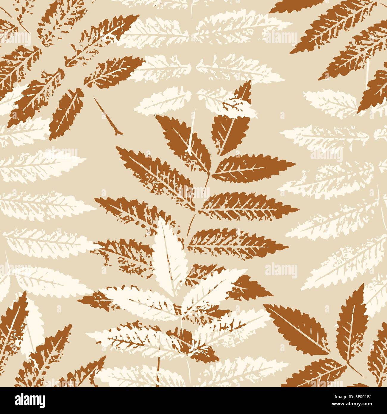 Automne rowan laisse un motif sans couture avec une texture réaliste de tampons d'encre pour papier d'emballage de Thanksgiving, tissu textile et conception de papier peint dans des couleurs beige, crème et brun terre cuite. Illustration vectorielle Illustration de Vecteur