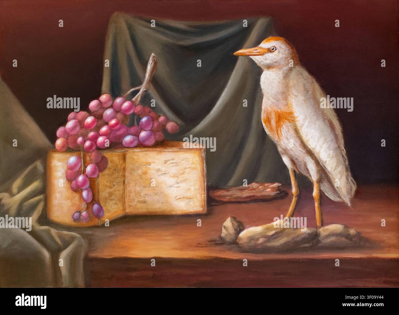 Nature morte avec héron arbore, fromage et raisins. Peinture traditionnelle sur papier, mon propre œuvre. Banque D'Images