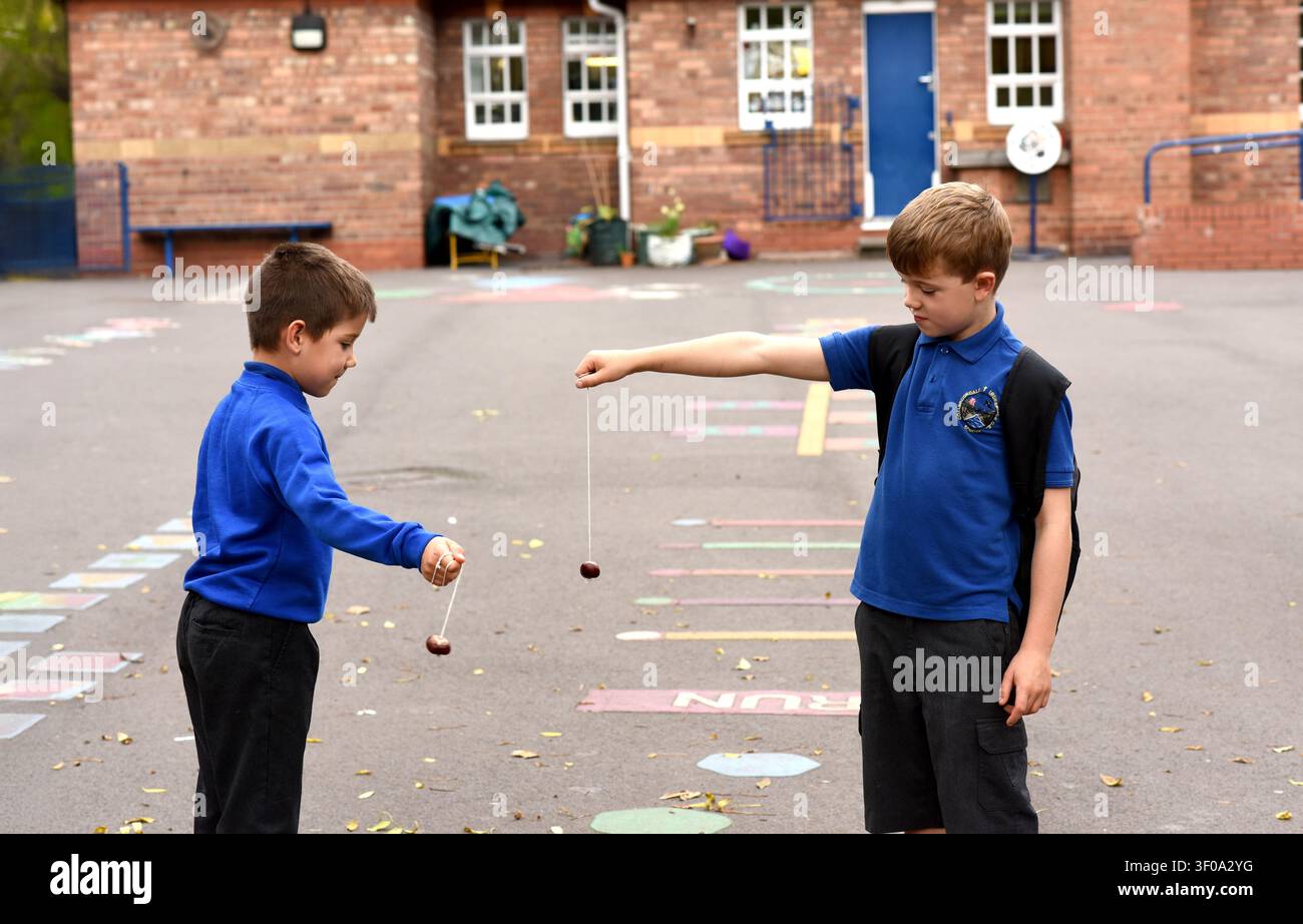 Des garçons d'une école britannique jouant aux conkers dans la cour de l'école Banque D'Images