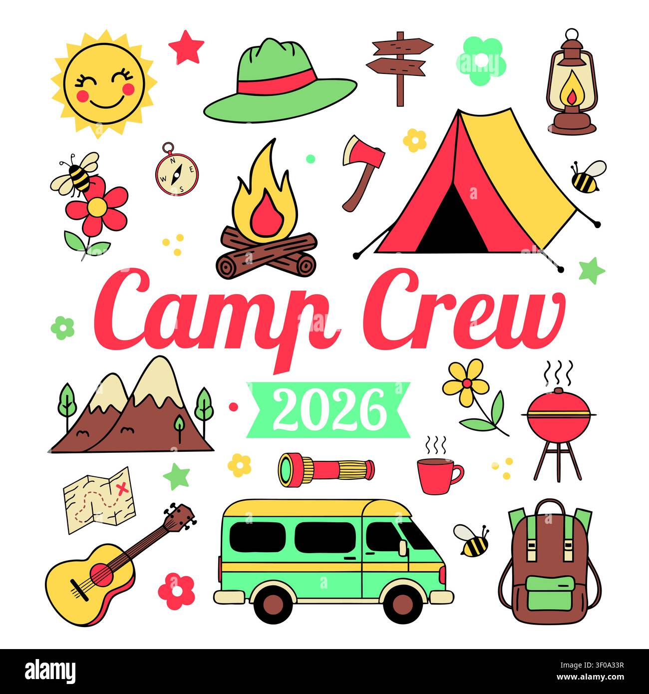 Illustration vectorielle des vacances d'été et du voyage en camping de l'équipage du camp Illustration de Vecteur