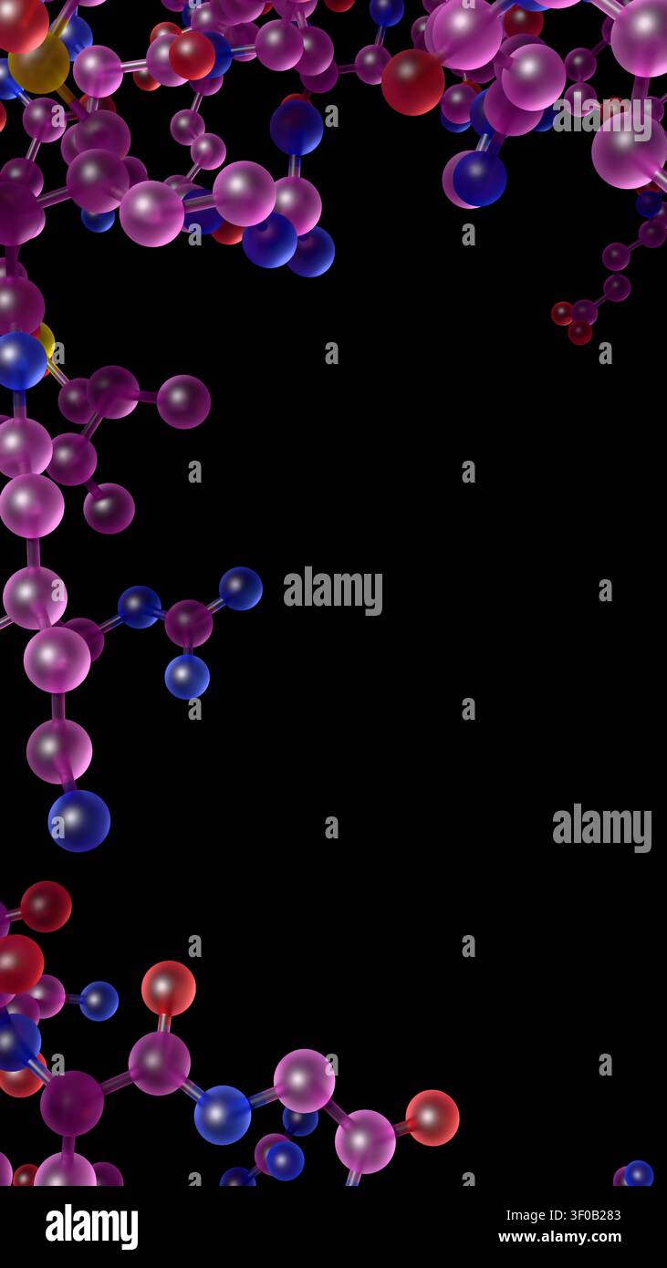 Modèle 3D détaillé illustrant la structure atomique complexe d'une protéine réelle sur fond noir. Une représentation scientifique précise offre un asset conceptuel parfait Banque D'Images