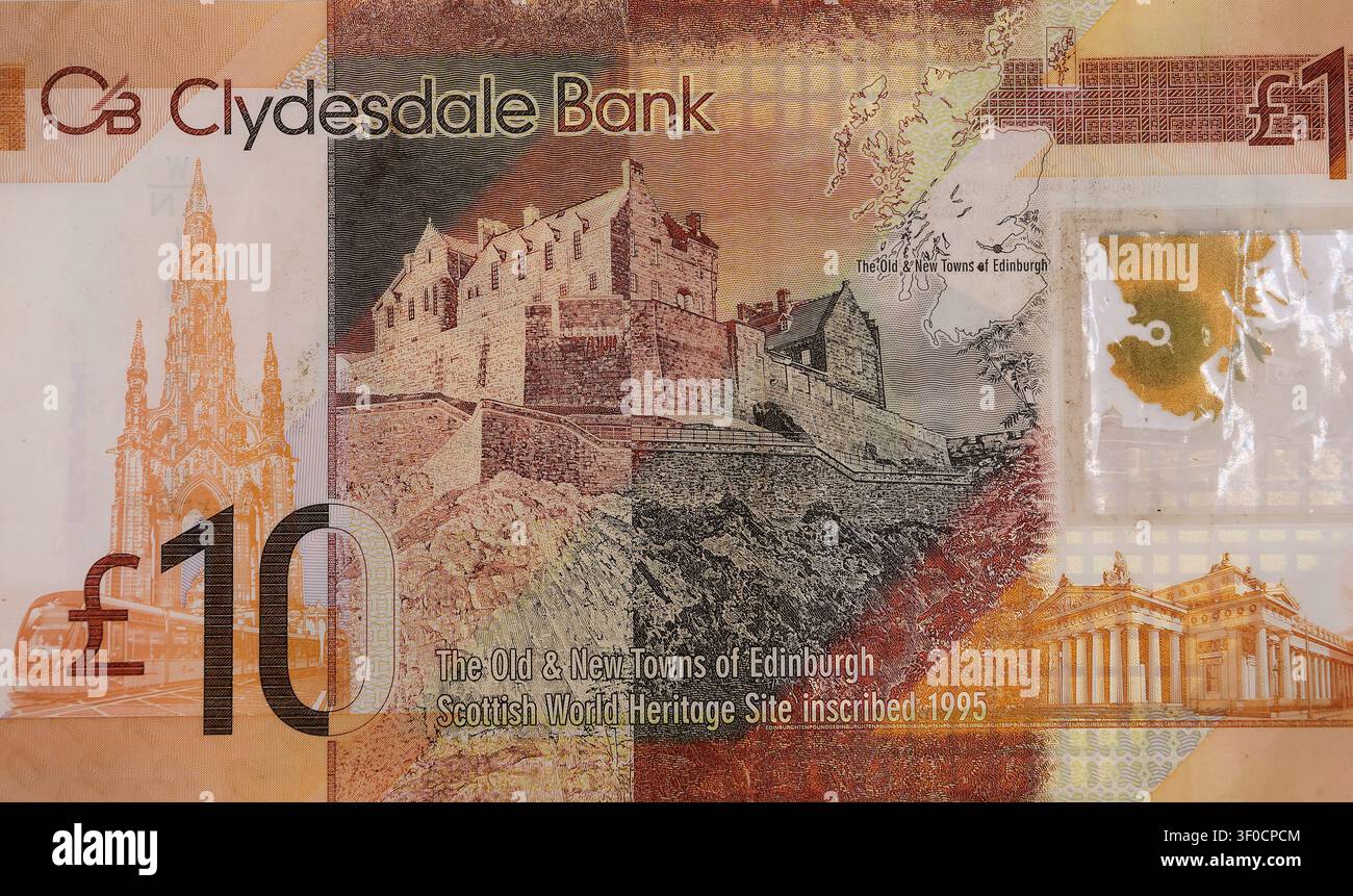 Billet de dix (10) livres sterling de la Clydesdale Bank, Vieilles et Nouvelles Villes d'Édimbourg Banque D'Images