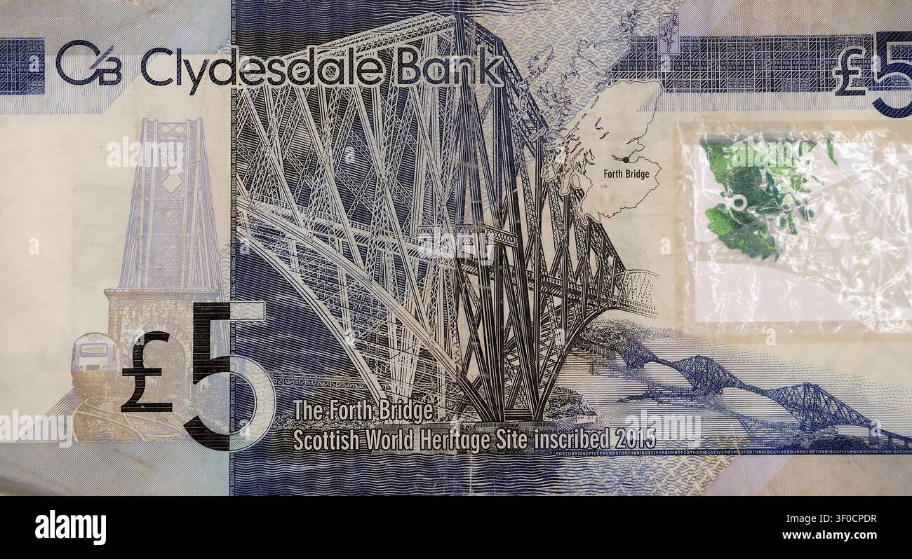 cinq (5) billets de banque Clydesdale Bank Pounds sterling, Forth Bridge Banque D'Images