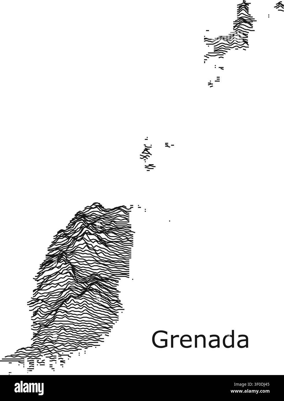 Carte topographique à contraste élevé de style joy-plot de Grenade, illustrant l'intérieur montagneux de la nation insulaire et l'archipel des Grenadines du Nord Illustration de Vecteur