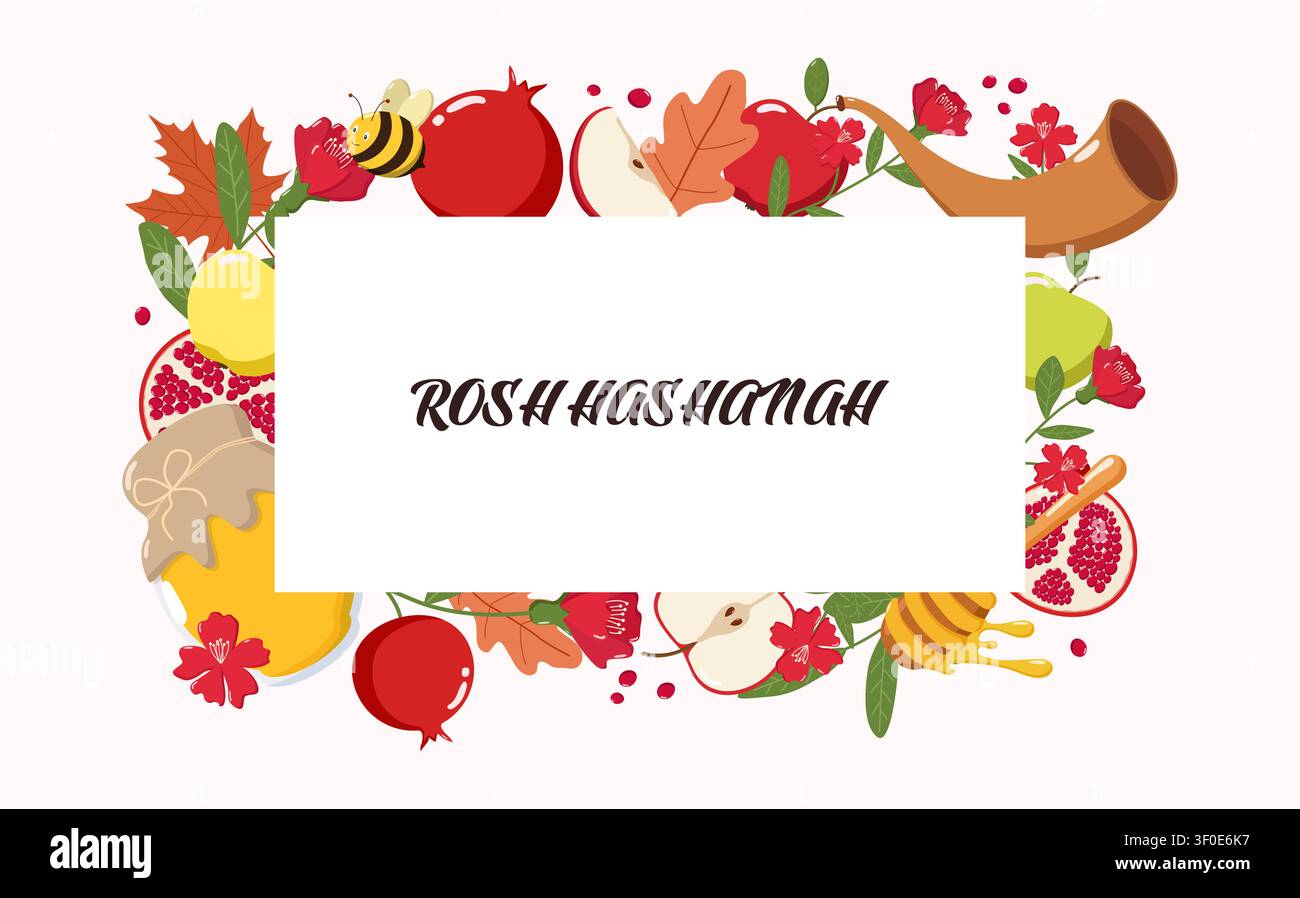 Illustration colorée de Rosh Hashanah avec des pommes, du miel, des grenades, un shofar, une abeille et des fleurs Illustration de Vecteur