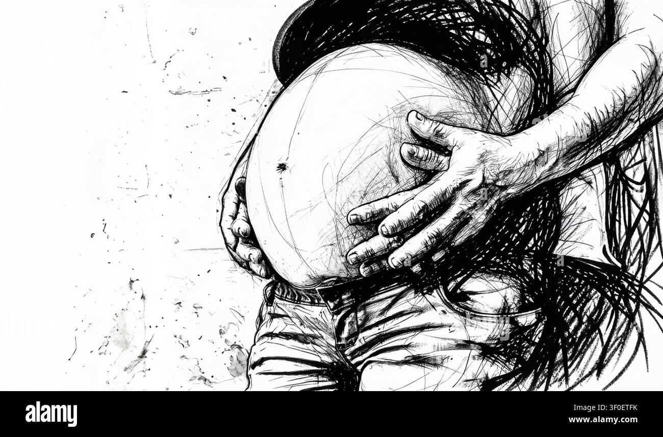 Un dessin au trait noir et blanc montrant uniquement le profil du ventre d'une femme enceinte, avec les mains jointes de son partenaire. Banque D'Images