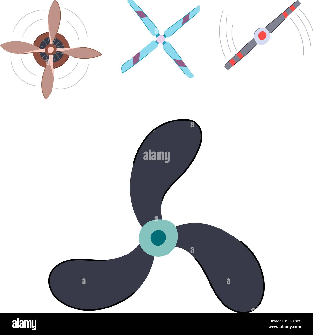 Divers modèles d'hélices, y compris des rotors multi-pales et à deux pales illustrent différentes formes de technologie de propulsion, mettant en évidence l'ingénierie COM Illustration de Vecteur