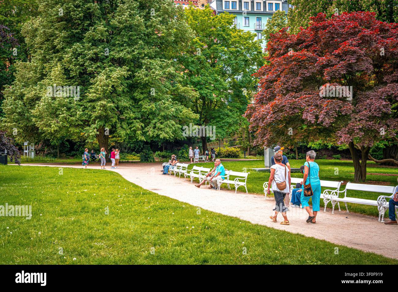 Les gens se promènent dans le parc de la ville de Karlovy Vary. Certains sont assis sur des bancs et profitent de la nature. Des arbres se dressent le long du chemin. C'est une belle journée à th Banque D'Images