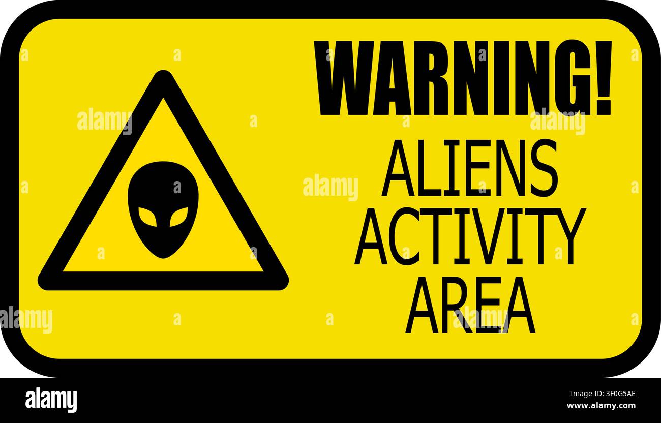 Zone d'activité des aliens, panneau d'avertissement avec un symbole triangulaire jaune à l'intérieur. Illustration de Vecteur