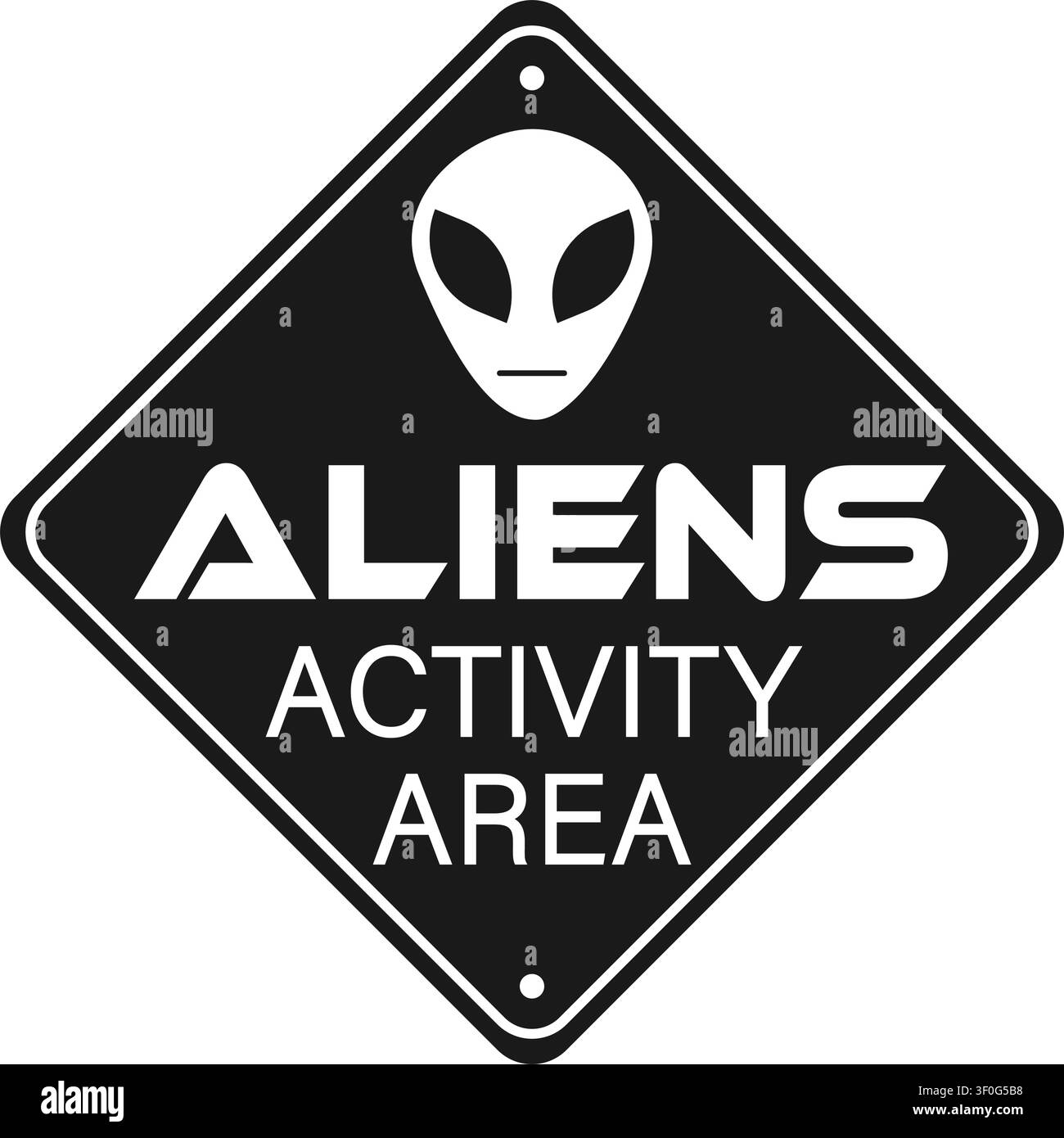 Zone d'activité des aliens, panneau d'avertissement humoristique avec symbole et texte. Forme rhomboïdale, fond noir. Illustration de Vecteur