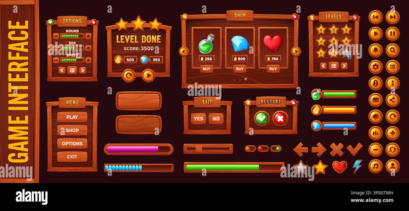 Boutons d'interface utilisateur en bois pour jeu, fenêtre de niveau, indicateurs et récompenses Wild West, échelle de chargement de saloon western et cadre de menu. Kit GUI de menu d'écran en bois pour jeux ou applications mobiles rustiques ou de ranch Illustration de Vecteur