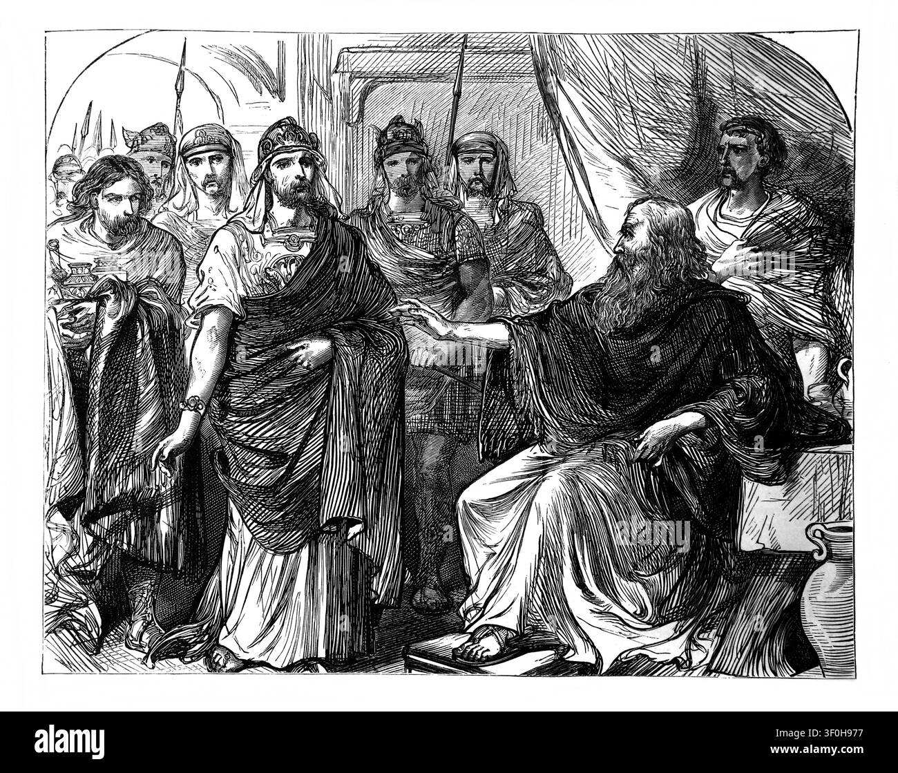 Illustration de Naaman le Syrien offrant des présents à Élisée après la guérison miraculeuse qu'Élisée refuse de prendre (rois) d'une époque antique du 19e siècle Banque D'Images