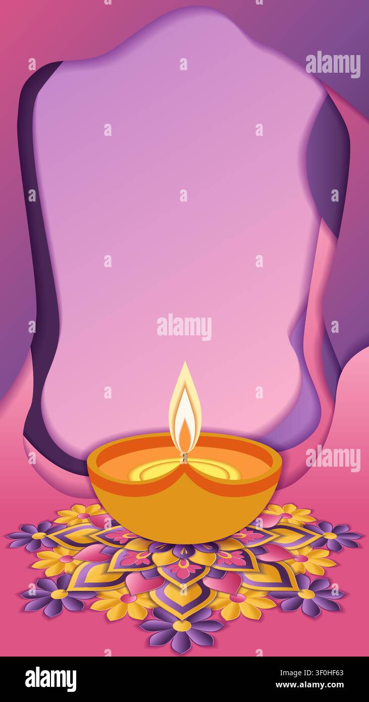 Bannière verticale festive de Diwali avec un diya lumineux, des rangolis colorés et un fond moderne en papier découpé avec un grand espace de copie. Illustration de Vecteur