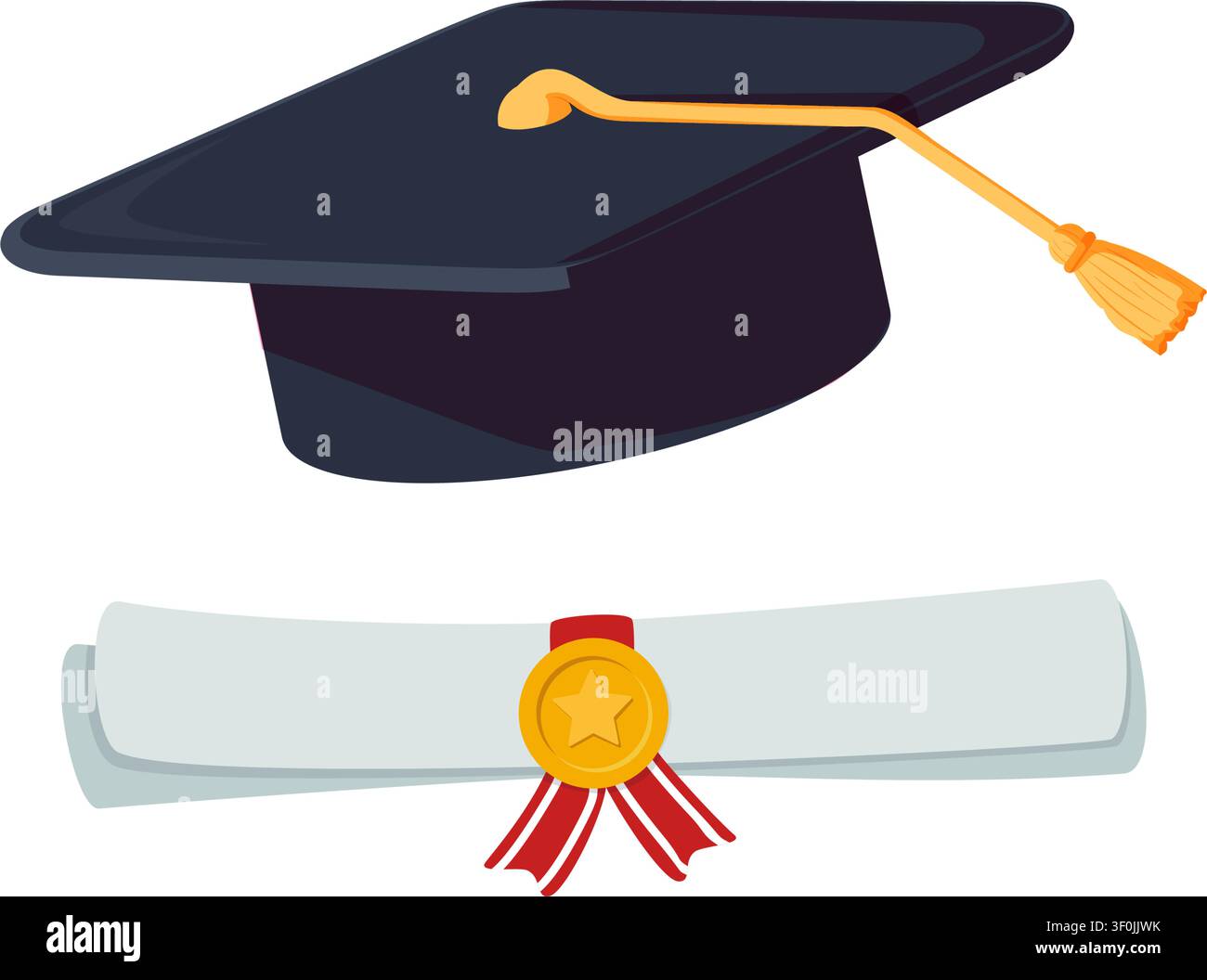 Une illustration d'une toque de graduation noire avec une frange dorée accompagnée d'un diplôme roulé scellé par une médaille d'or. Illustration de Vecteur